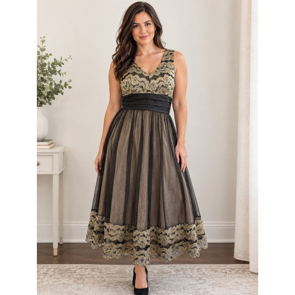 Jessica Howard Evenings Dress Womens 10 Black Gold Sequin Lace Tulle Midi Formal